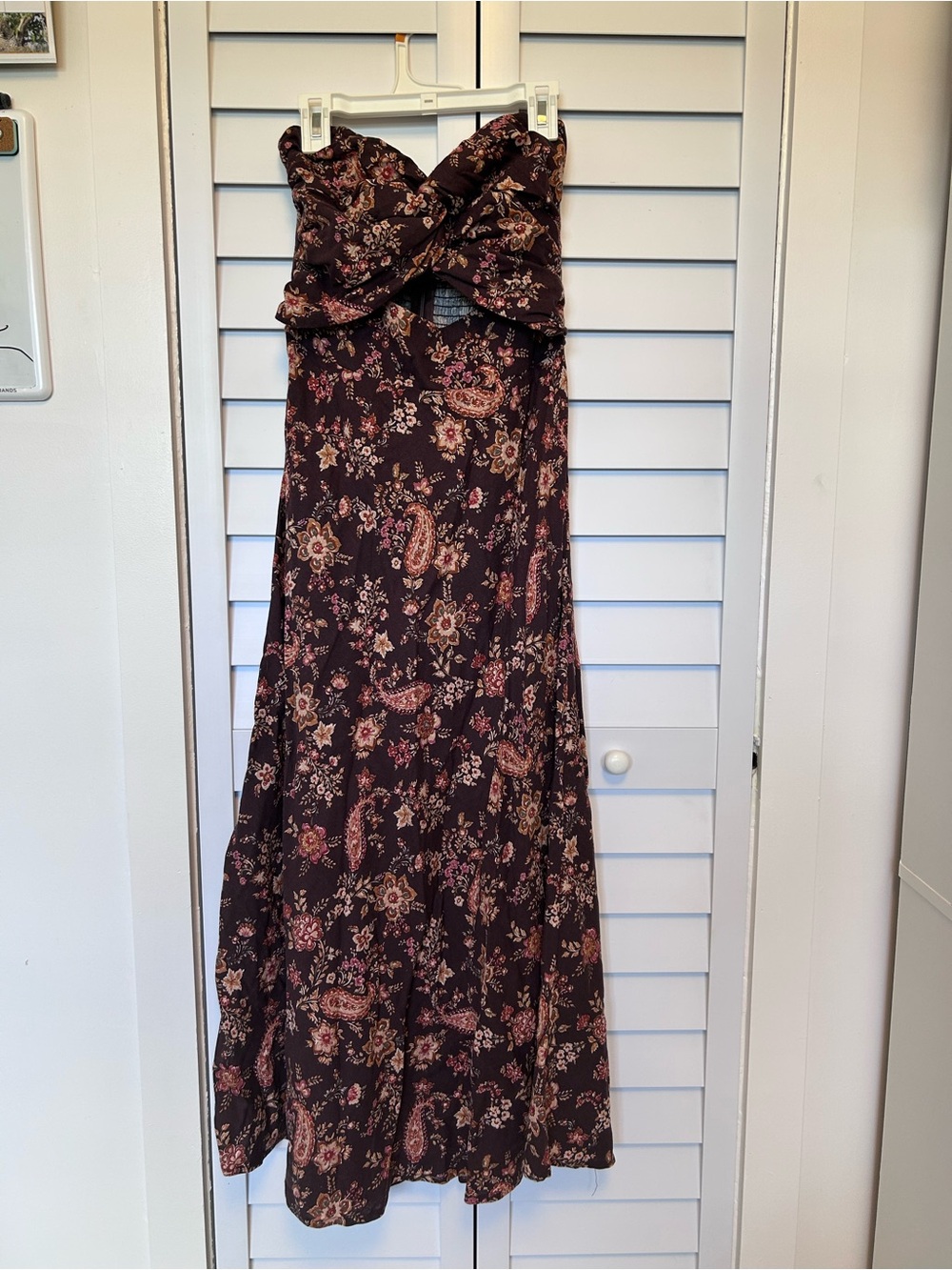 Francesca's Paisley Strapless Floral Maxi Dress in Brown and Pink